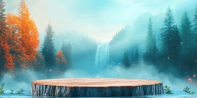 Wooden Platform Floating on a Lake in a Mystical Forest photo