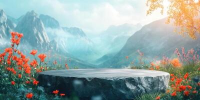 Stone Platform in a Flowery Meadow with a Mountain View photo