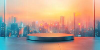 Circular Platform with a City Skyline View at Sunset photo