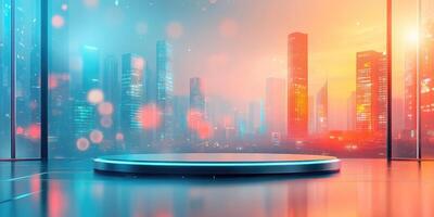 Futuristic Cityscape with Illuminated Platform photo