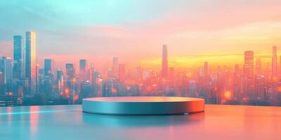 Circular Platform in Front of a Cityscape at Sunset photo