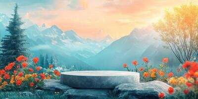 Stone Platform with Flowers and Mountain View at Sunset photo