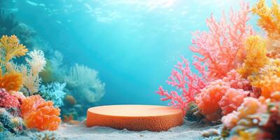 Coral Reef Scene with Wooden Platform photo