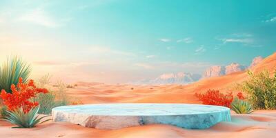 Stone Platform in a Desert Landscape with Flowers and Mountains photo