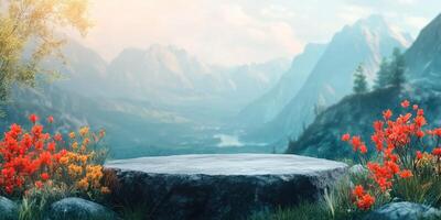 Stone Platform in a Mountainous Landscape with Flowers photo