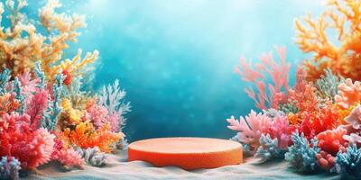 Underwater Coral Reef Scene with a Platform for Product Display photo