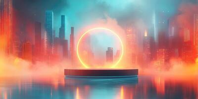 Neon Cityscape with Platform and Glowing Ring photo