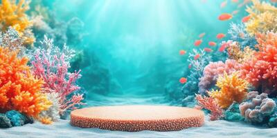 Coral Reef Display Platform with Sunbeams and Fish photo