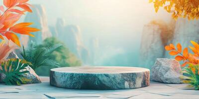 Stone Podium with Lush Greenery and Mountain Background photo