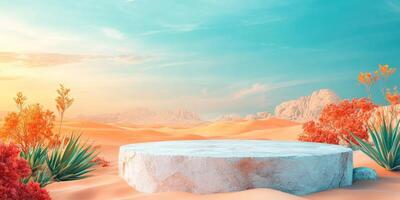 Stone Platform in a Desert Landscape with Flowers and Sky photo