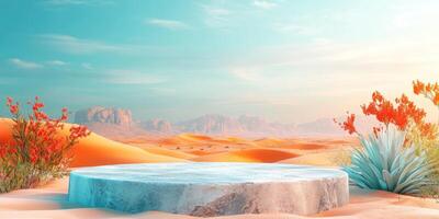 Stone Platform in a Desert Landscape with Red Flowers photo