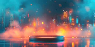 Illuminated Platform with City Skyline and Fog photo