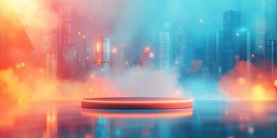 Glowing Platform in a Futuristic Cityscape photo