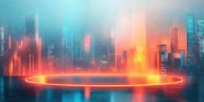 Illuminated Circular Platform with Neon Lights in a Futuristic Cityscape photo