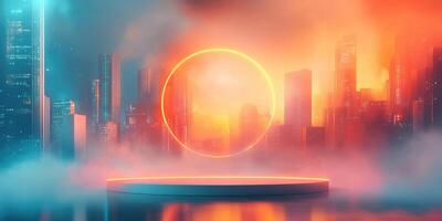 Futuristic Cityscape with Neon Ring and Platform photo