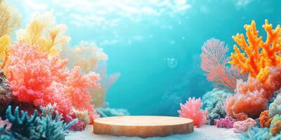 Wooden Platform Surrounded by Vibrant Coral Reef in Blue Ocean Water photo