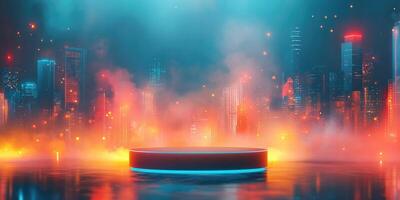 Futuristic Cityscape with Illuminated Platform photo