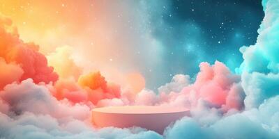 A Platform in a Pastel-Colored Sky with Fluffy Clouds photo