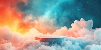 A Circular Platform Floating Amidst Pastel Clouds and a Starry Sky photo