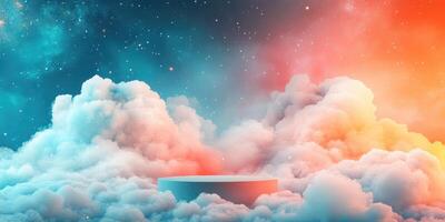 A Cylindrical Platform Resting Amidst Fluffy Clouds with a Multicolored Sky photo