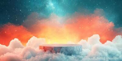 A Stone Platform Floating Above Clouds with a Starry Sky photo