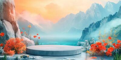 Stone Platform in a Mystical Mountain Landscape with Flowers photo