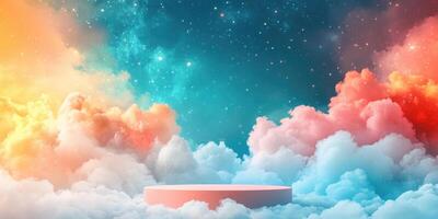 Pink Cylinder Platform in a Dreamy Cloud Landscape photo