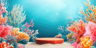Wooden Platform Surrounded by Colorful Coral Reef photo