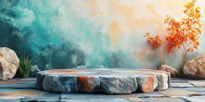 Stone Platform Against a Colorful Wall With a Small Tree photo