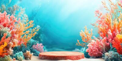 Wooden Platform Surrounded by Vibrant Coral Reef in Blue Water photo