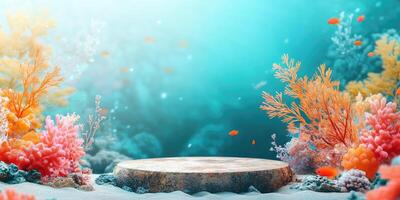 Wooden Platform in a Vibrant Underwater Scene with Coral Reefs and Fish photo