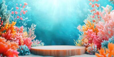 Wooden Platform in an Underwater Coral Reef Scene photo