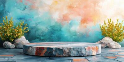 Stone Platform with Yellow Flowers and Abstract Watercolor Background photo