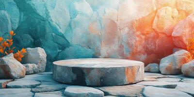Stone Platform with Blue and Orange Wall Background photo