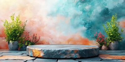 Stone Platform With Flower Pots Against Watercolor Wall photo