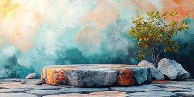 Stone Platform with Green Plant Against a Blue and Orange Wall photo