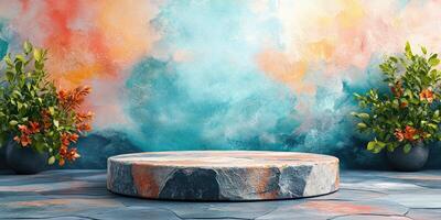Stone Platform with Floral Decorations and Colorful Watercolor Background photo