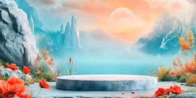 Stone Platform with Red Flowers Against a Mountainous Landscape photo