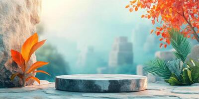 Stone Platform with Tropical Plants and a Blurred Cityscape Background photo