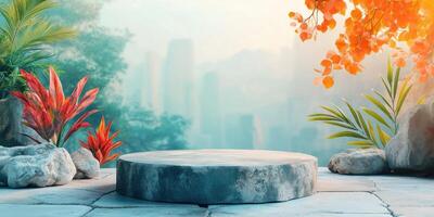 Stone Platform with Tropical Plants and City Skyline in Background photo
