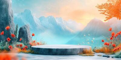 Circular Stone Platform in a Fantasy Mountain Landscape with Red Flowers photo