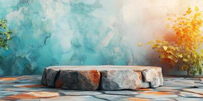 Stone Platform Against a Textured Teal Wall photo