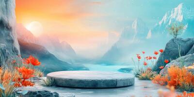 Stone Platform in a Misty Mountain Valley with Flowers photo