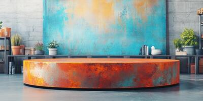 A Rusty Circular Platform In Front of a Blue, Orange, and White Wall photo