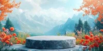 Stone Platform in a Mountainous Meadow with Orange Flowers photo