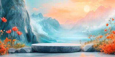 Stone Platform in a Mountain Landscape with Flowers and a Sunset photo