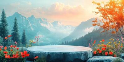 Stone Platform with Flowery Meadow and Misty Mountain Background at Sunset photo