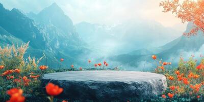 Stone Platform in a Mountain Meadow with Red Flowers photo