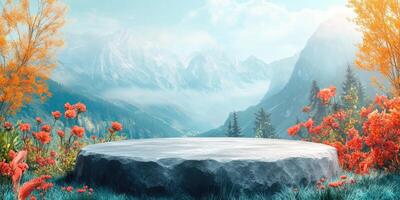 Stone Platform In Front of Misty Mountain Range with Red Flowers photo