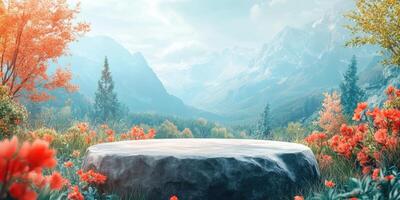 A Stone Platform in a Mountainous Meadow with Orange Flowers photo